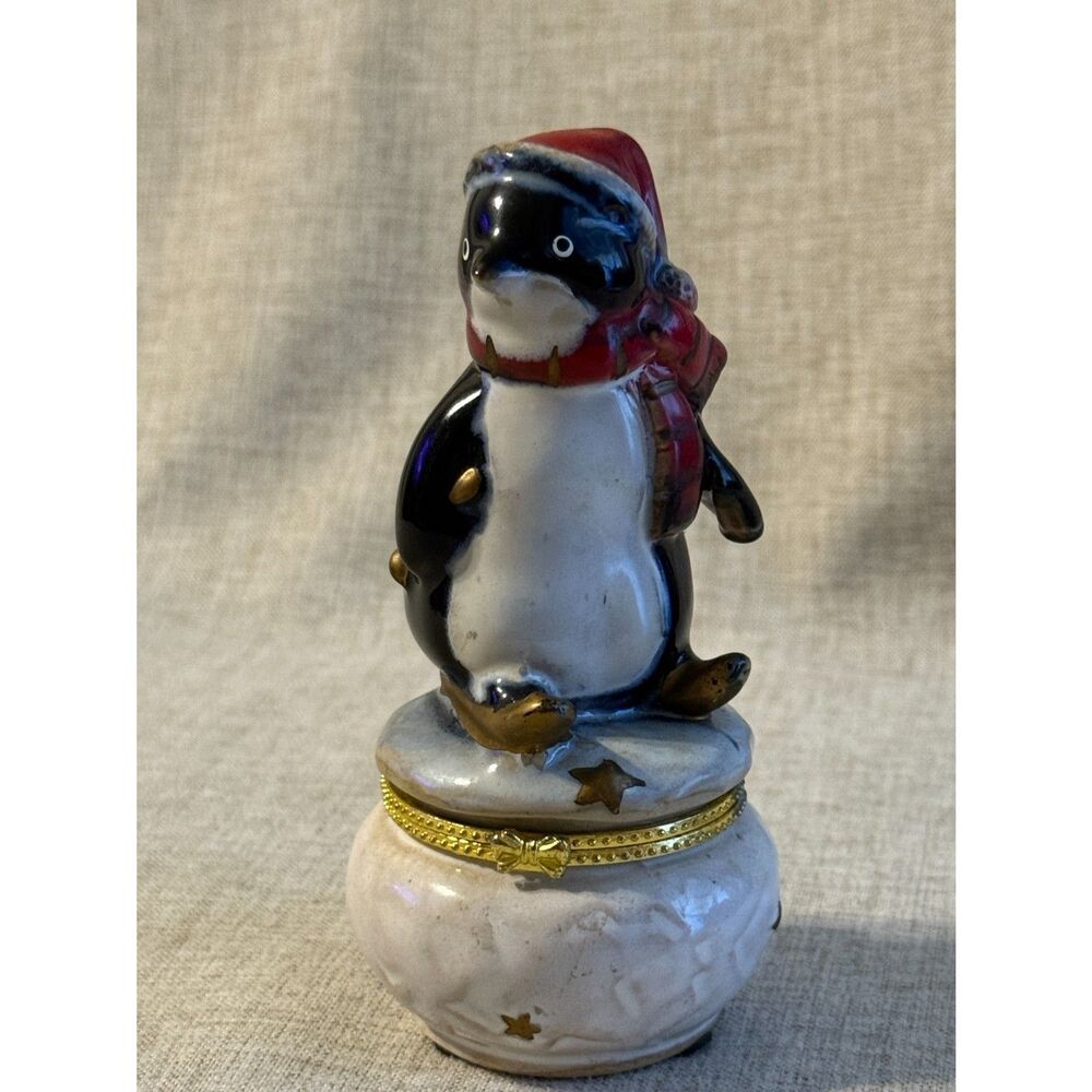 Porcelain Skiing Penguin Hinged Trinket Box Gold Accent, 5 inches Tall